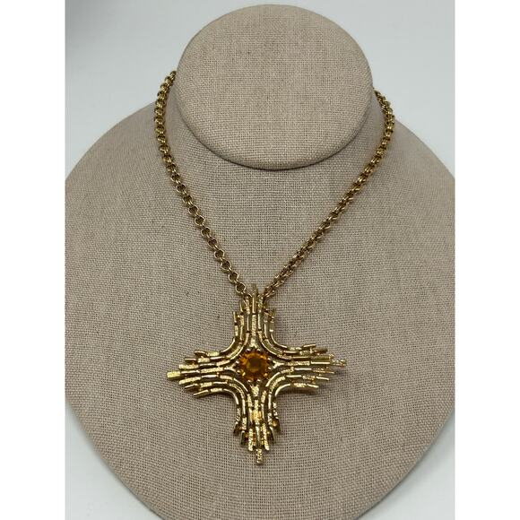 Vintage Sarah Coventry Gold Tone Cross with Amber Rhinestone - Picture 5 of 9